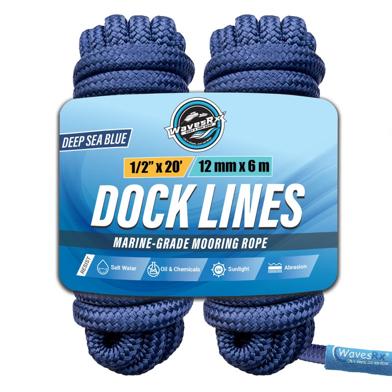 WAVESRX Premium Nylon Boat Dock Lines & Ropes for Docking & Pontoon | Double Braided Marine Rope | Boat Ropes for Docking with Loop | UV & Saltwater Resistant Dock Rope (Deep Sea Blue, 1/2â€ x 20â€™) - Image 1